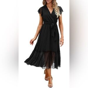 Fashion Amazon Black Swiss Dot A-Line Belted Long Formal Dress Size XXL